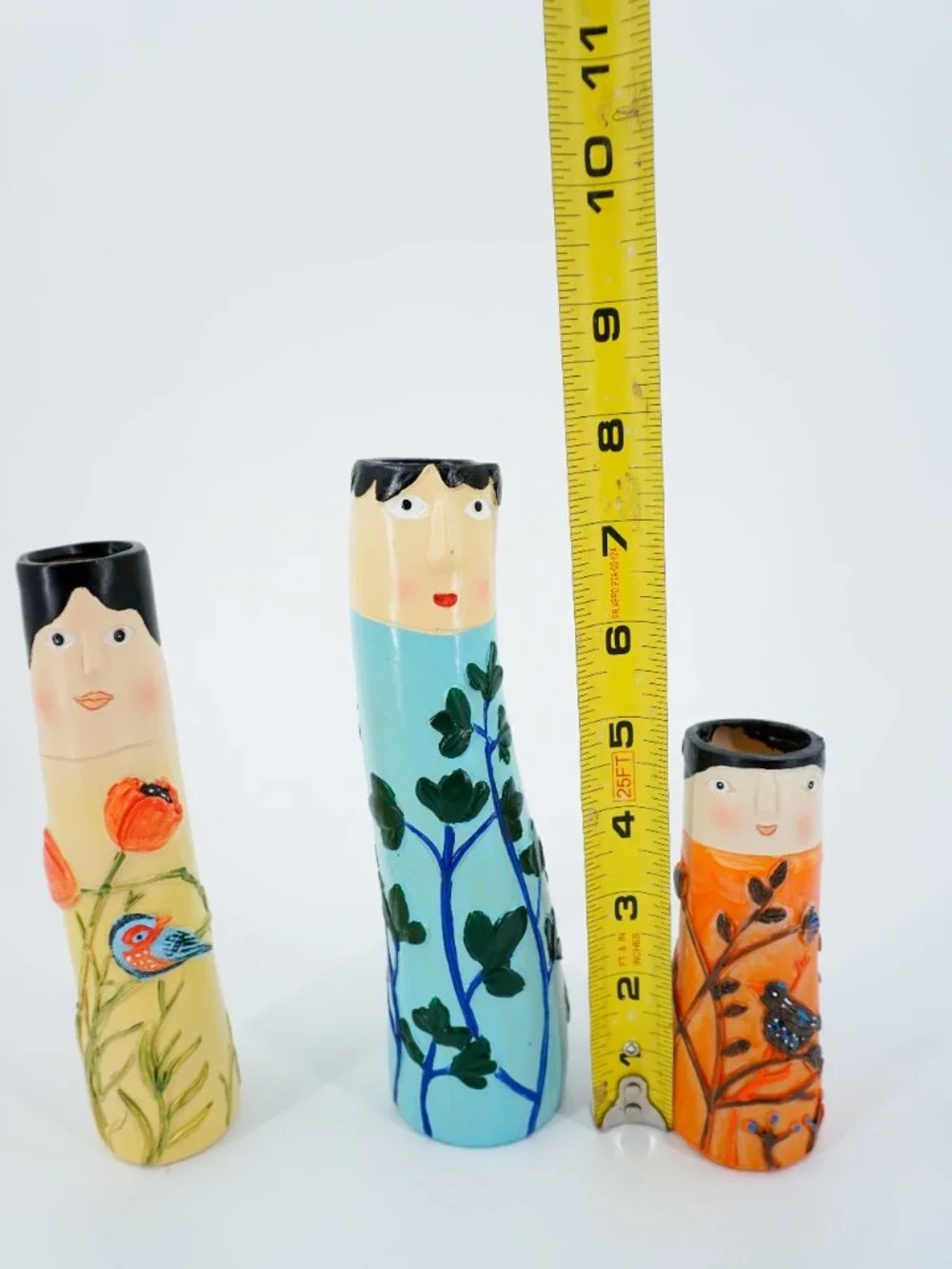 Set of 3 Hand Painted Ceramic Face Cylinder Vases, Women Floral Bird Decor